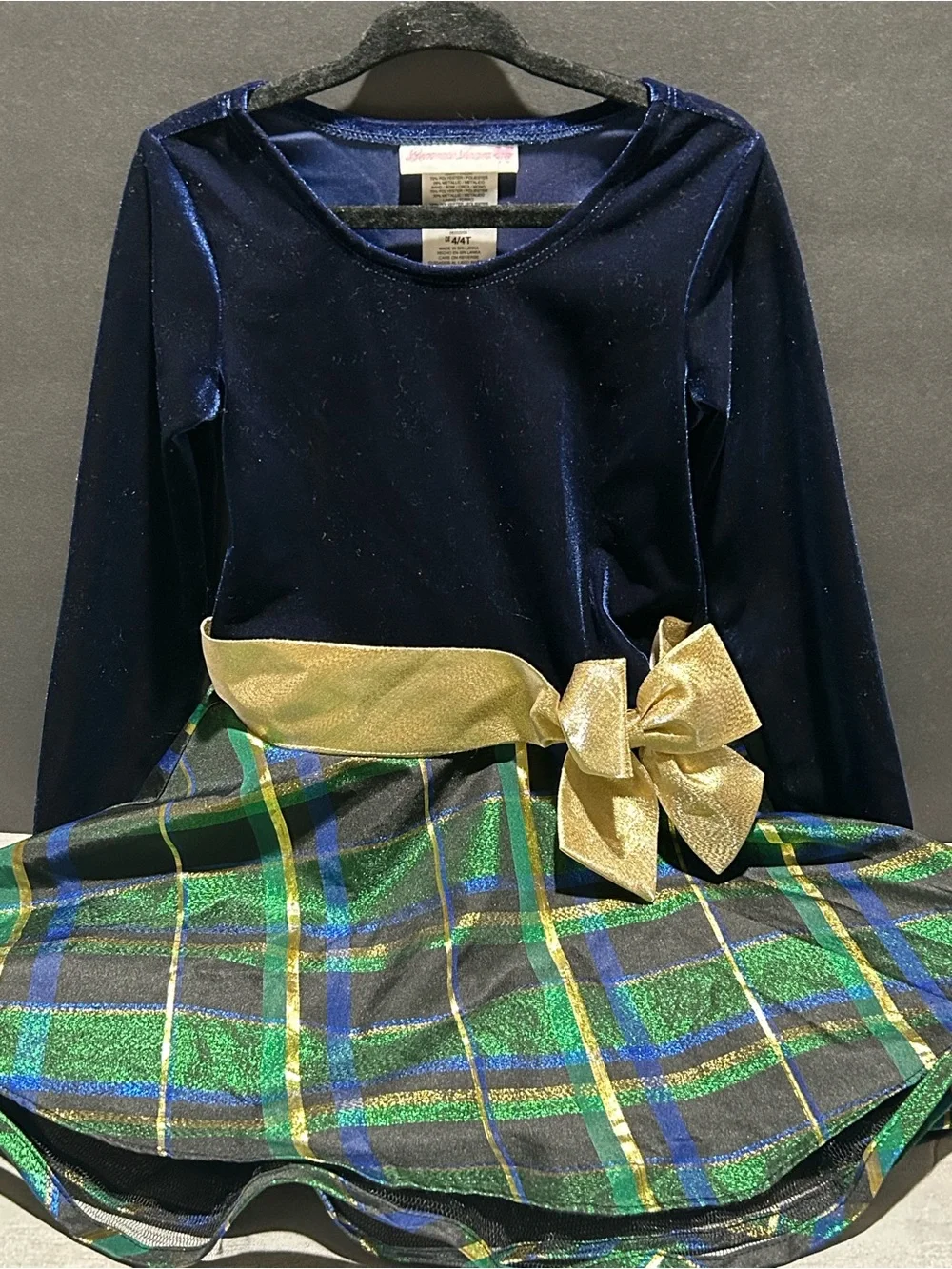 Bonnie Jean Navy Velvet Top with Green Plaid Skirt & Gold Bow